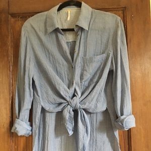 Blue free people button down with side slit